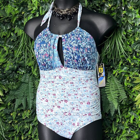 SPORTS WEAR Swimsuit Women Large Blue Floral One Piece Halter NWT 2333 - Picture 3 of 6